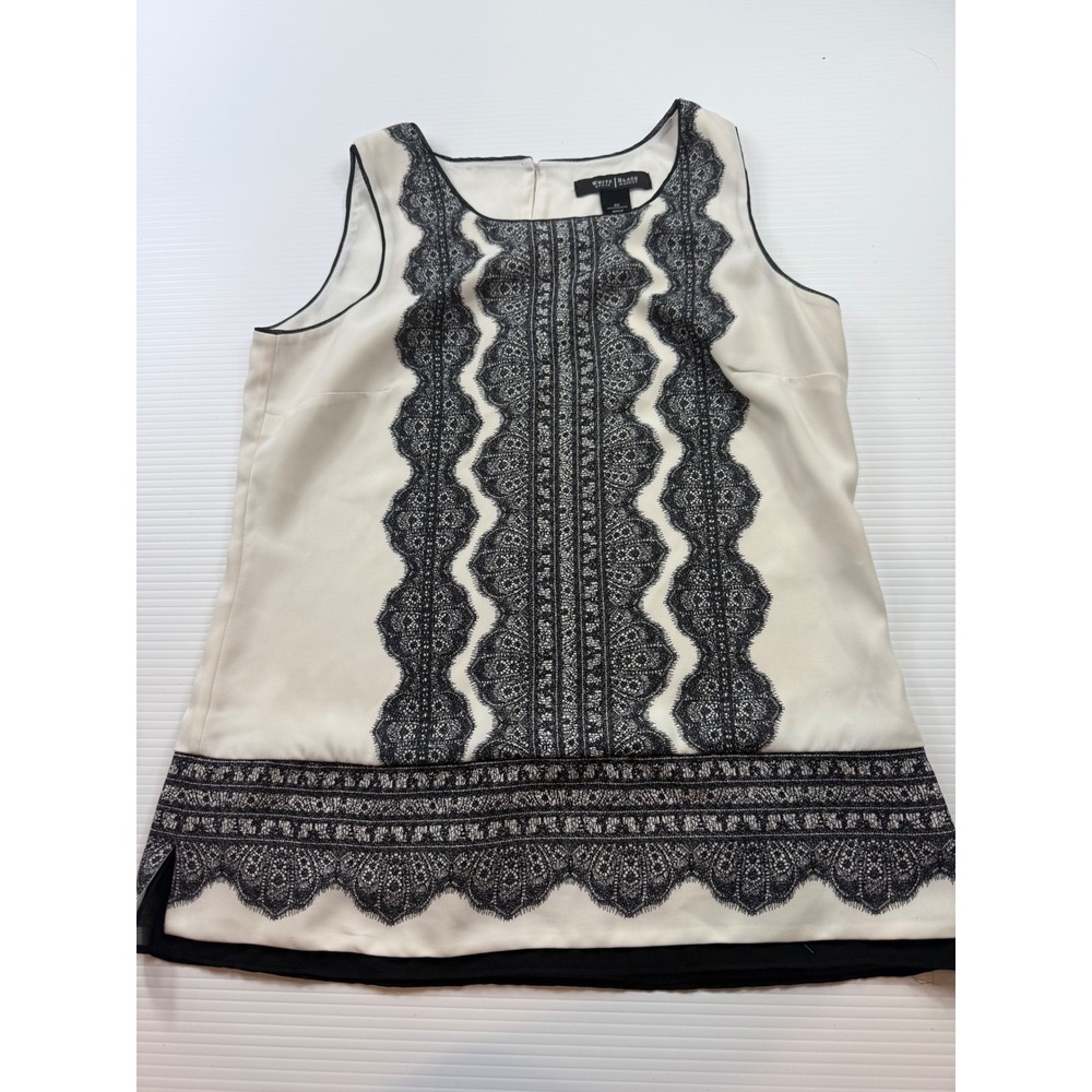White House Black Market Cream Black Lace Print Sleeveless Shell Top‎ XS